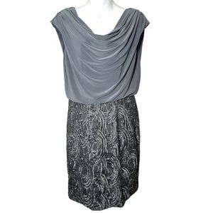 Adrianna Papell Metallic Grey Blue Cowl Neck Embroidered Skirt Cocktail Dress